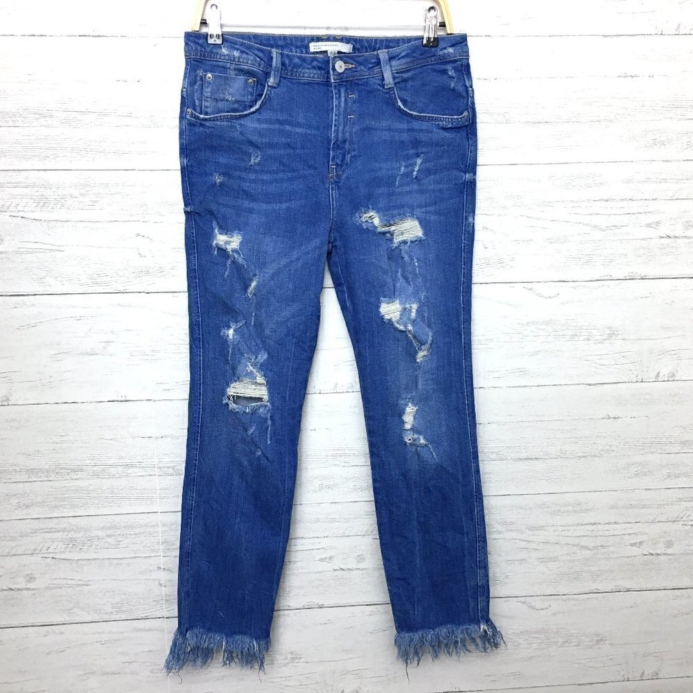 Zara Women's Straight Leg Ankle Jeans Distressed Fringe Hems size 6